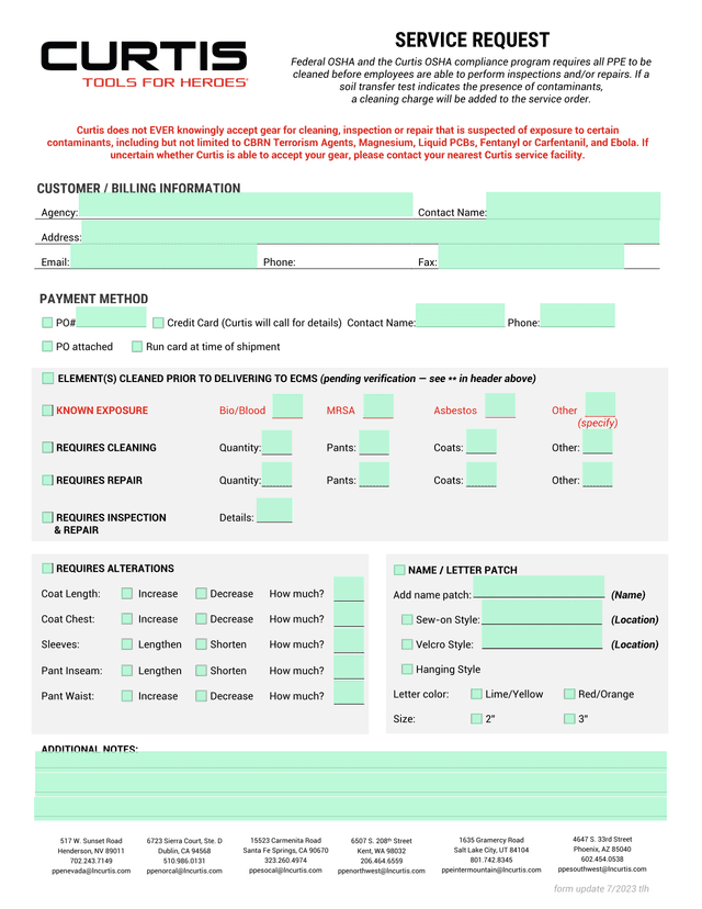Curtis Service Request Form screenshot