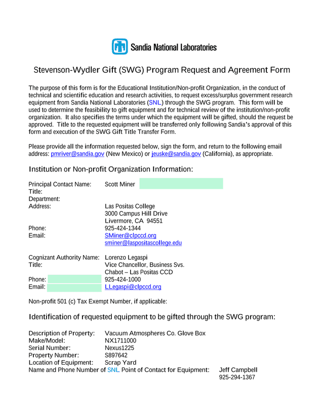 Stevenson Wydler Gift (SWG) Program Request And Agreement Form screenshot