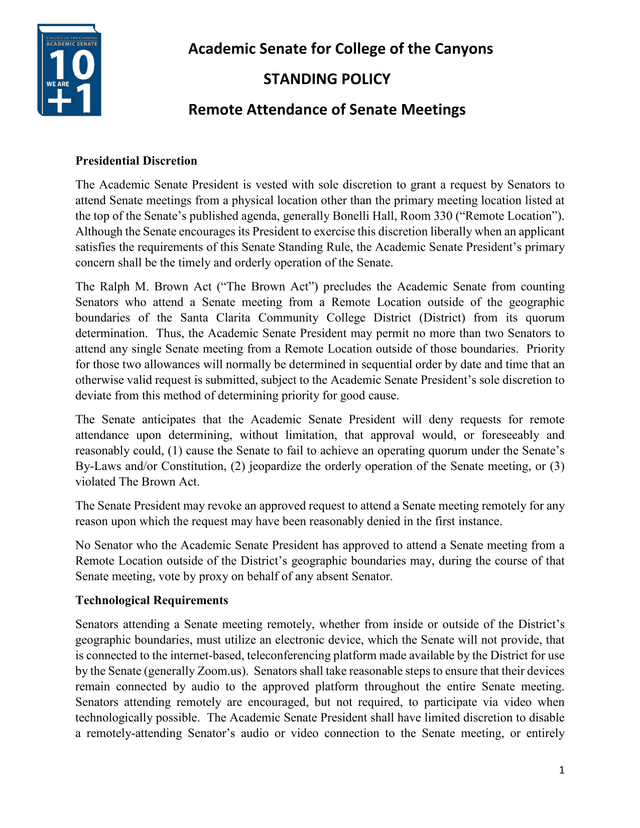 Remote Attendance Of Senate Meetings Standing Policy screenshot