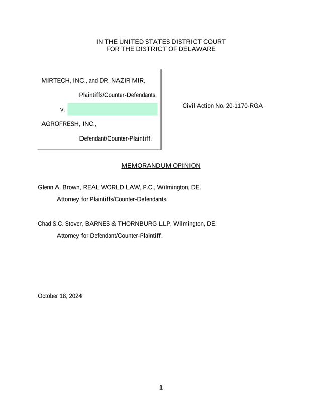 Memorandum Opinion   Mirtech, Inc. And Dr. Nazir Mir V. AgroFresh, Inc. screenshot
