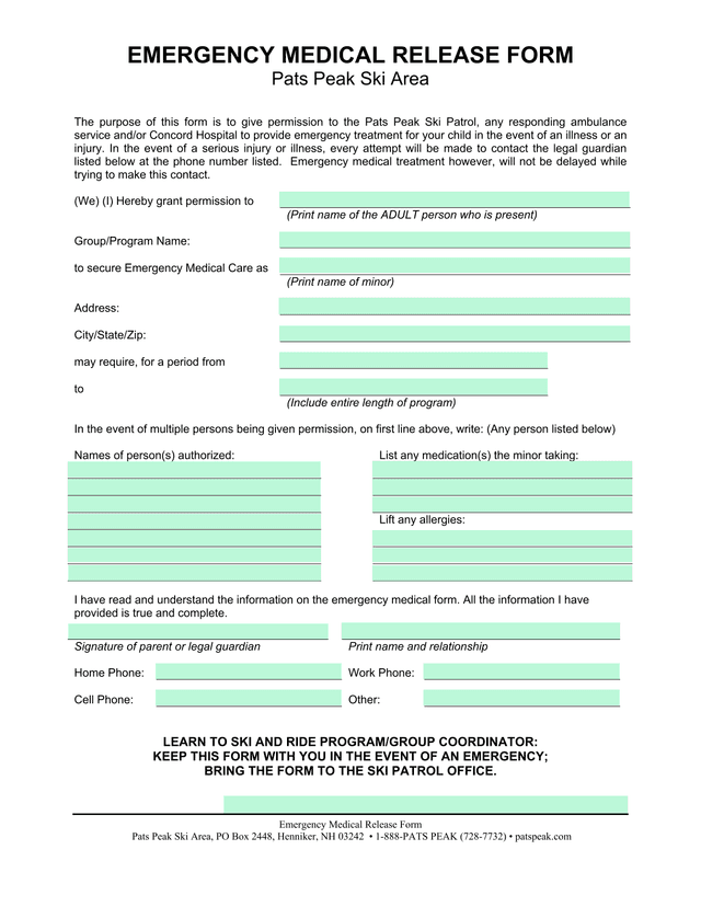 Emergency Medical Release Form screenshot