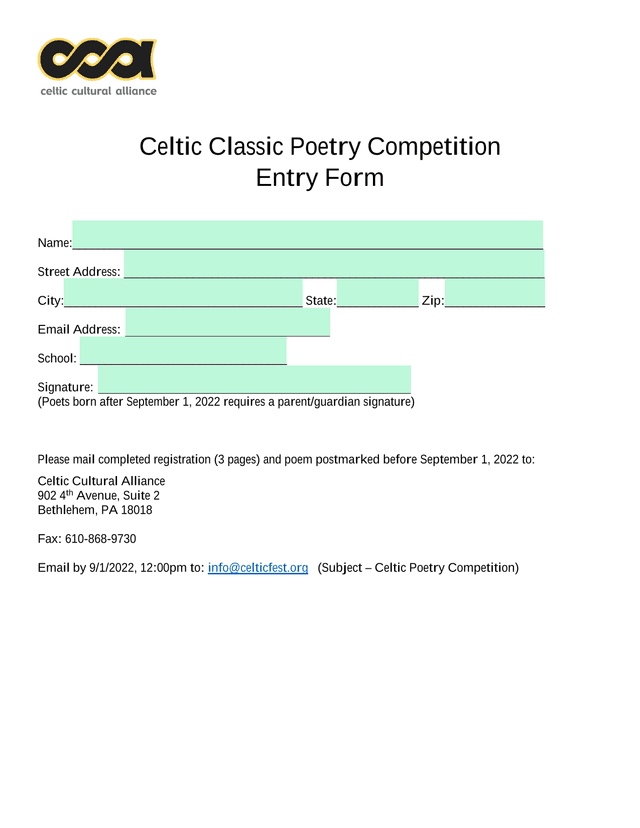 Celtic Classic Poetry Competition Entry Form screenshot