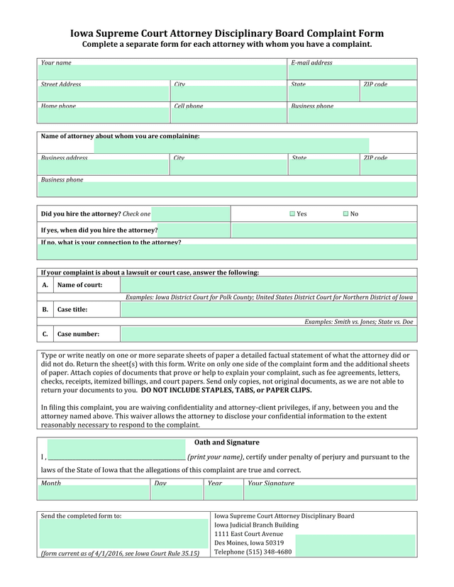 Iowa Supreme Court Attorney Disciplinary Board Complaint Form screenshot