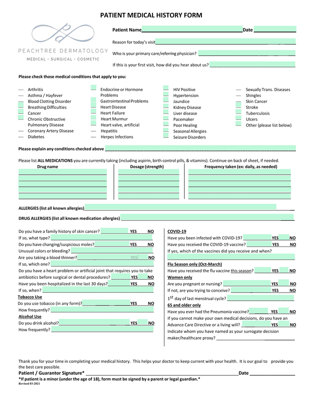 PATIENT MEDICAL HISTORY FORM screenshot