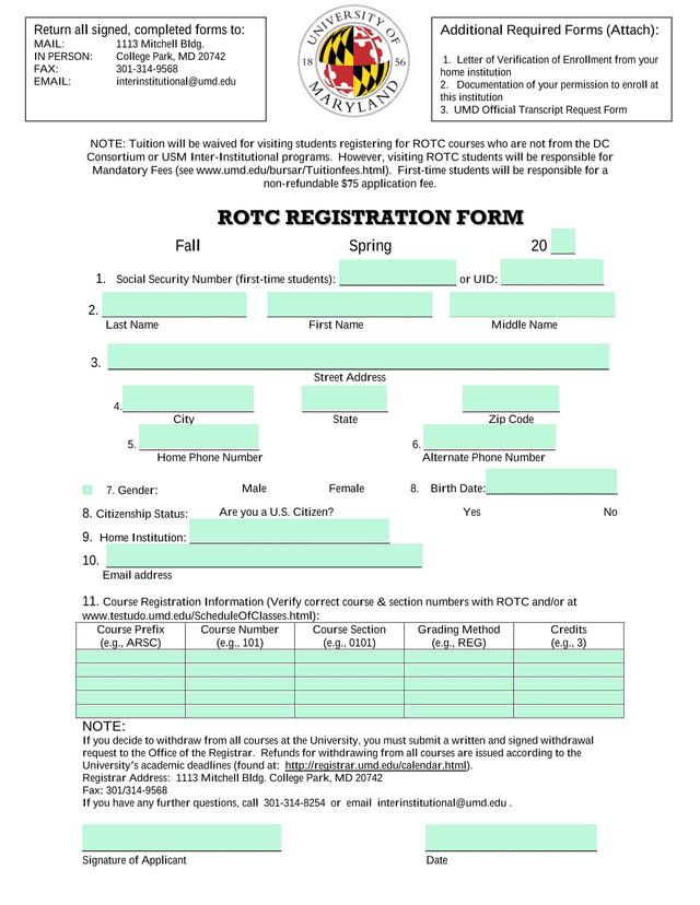 ROTC Registration Form screenshot