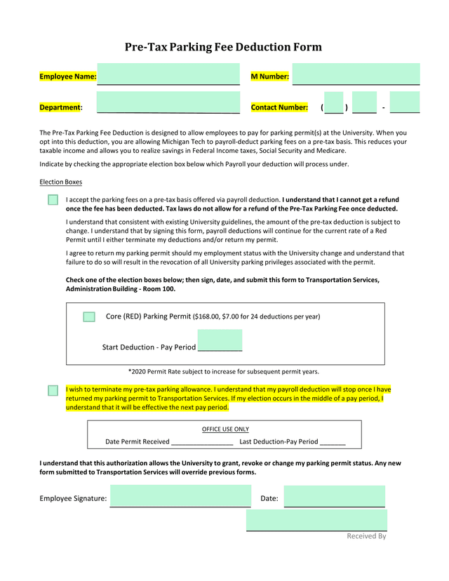 Pre Tax Parking Fee Deduction Form screenshot