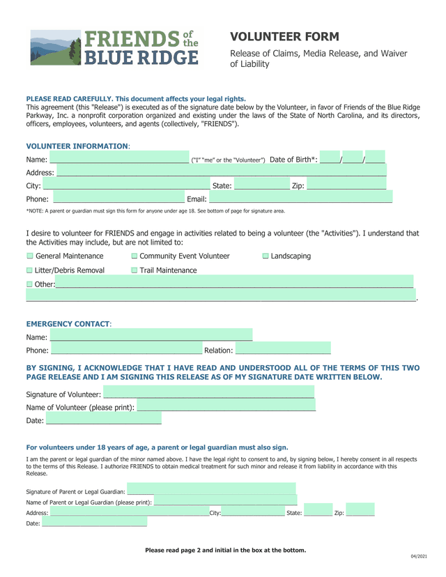 Volunteer Form   Release Of Claims screenshot