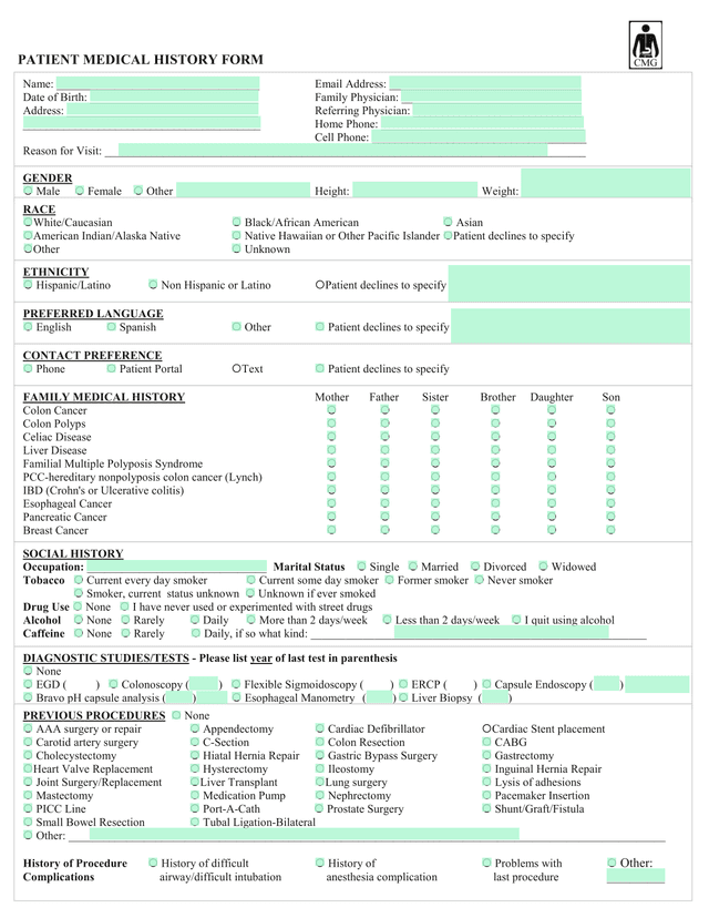 PATIENT MEDICAL HISTORY FORM screenshot