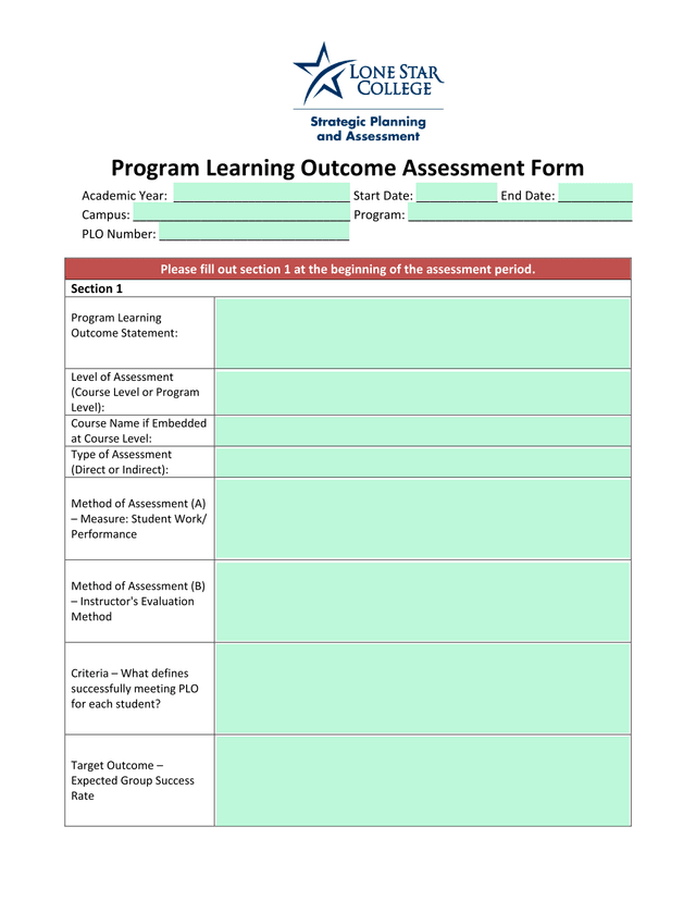 Program Learning Outcome Assessment Form screenshot