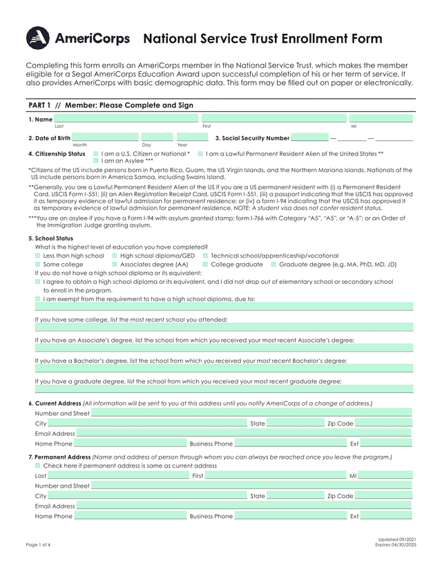 National Service Trust Enrollment Form screenshot