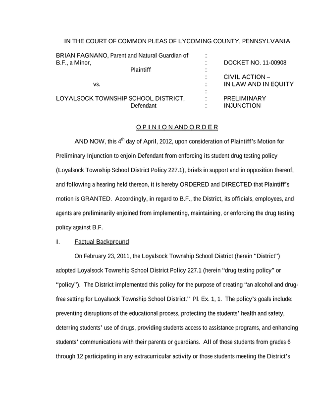 Preliminary Injunction   Fagnano V. Loyalsock Township School District screenshot