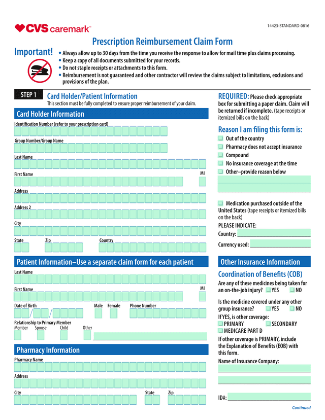 Prescription Reimbursement Claim Form screenshot