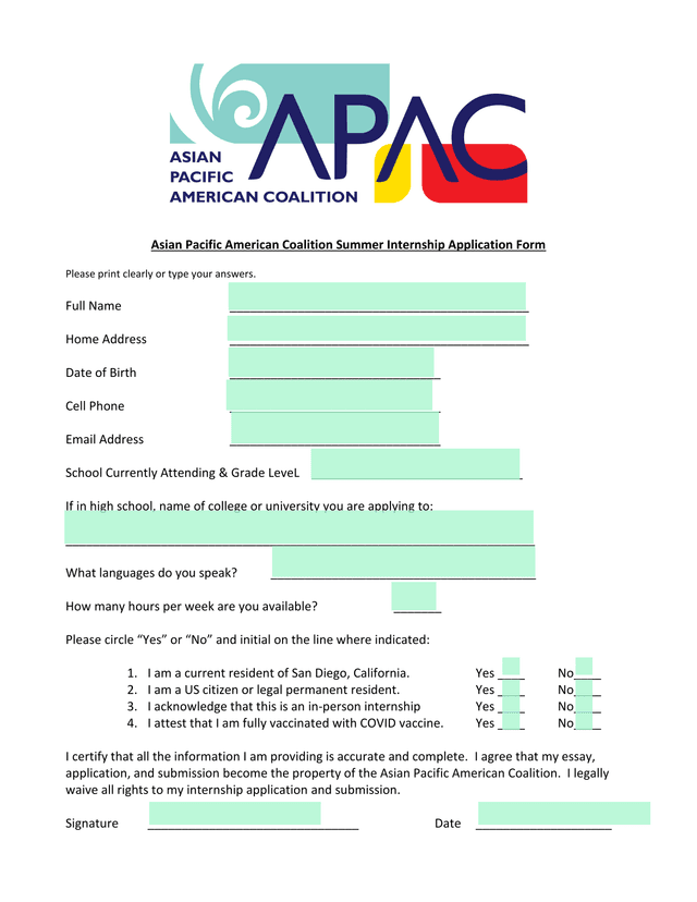 Asian Pacific American Coalition Summer Internship Application Form screenshot