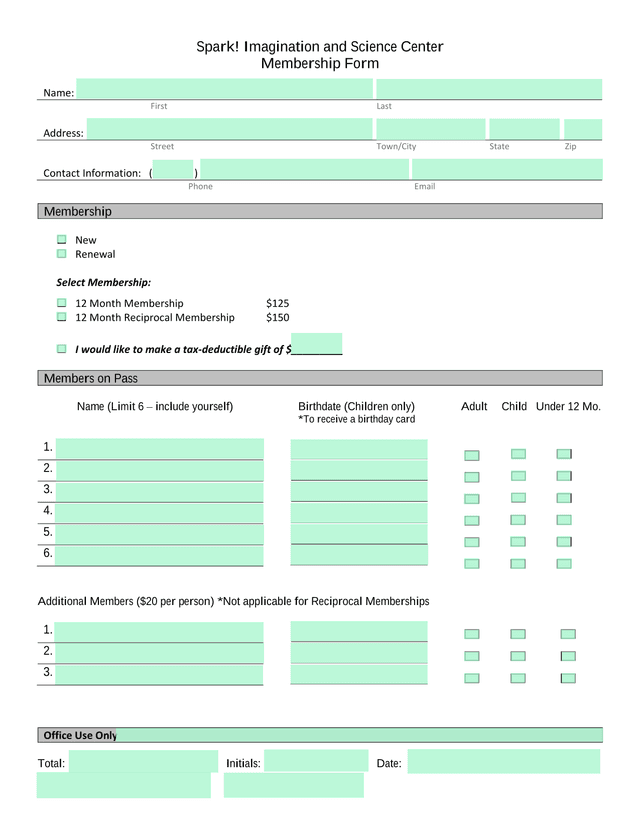 Spark Imagination And Science Center Membership Form screenshot