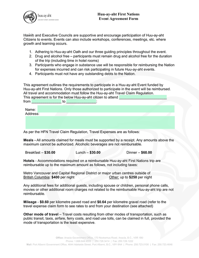 Huu Ay Aht First Nations Event Agreement Form screenshot