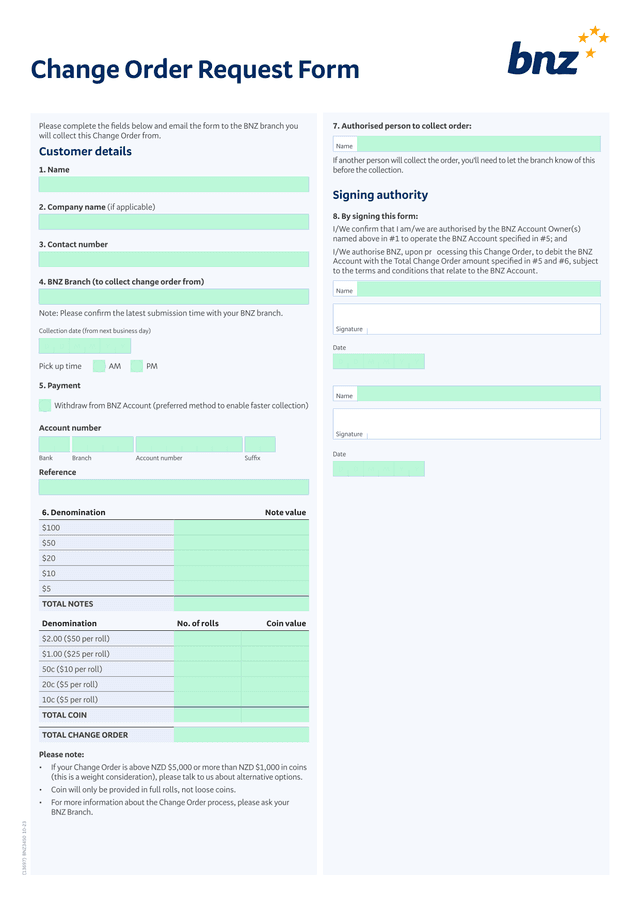 Change Order Request Form screenshot