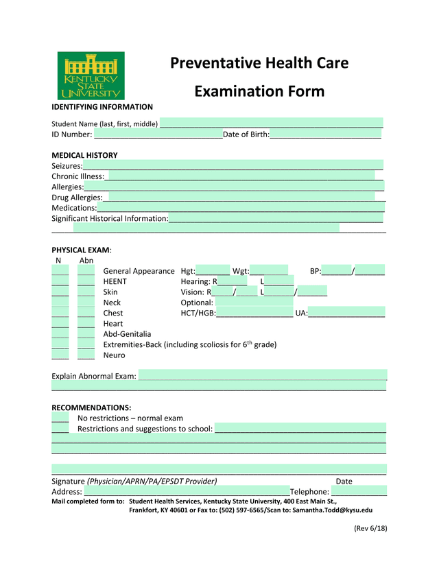Preventative Health Care Examination Form screenshot