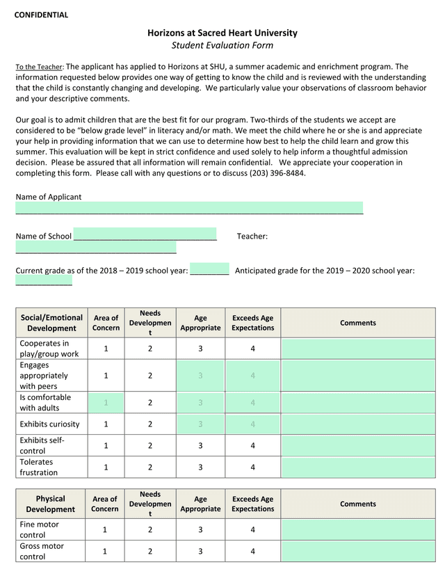 Student Evaluation Form screenshot