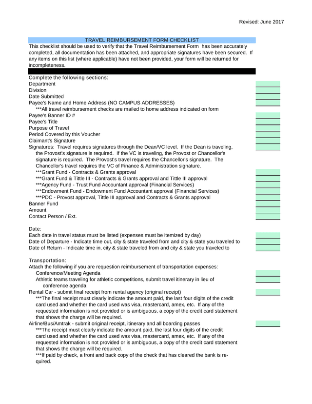 Travel Reimbursement Form Checklist screenshot