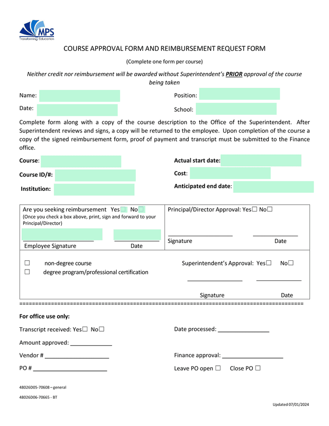 Course Approval Form And Reimbursement Request Form screenshot