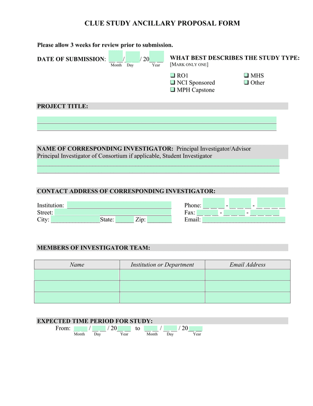CLUE STUDY ANCILLARY PROPOSAL FORM screenshot