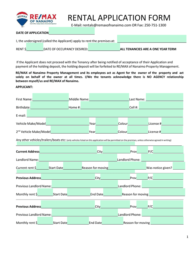 Rental Application Form screenshot