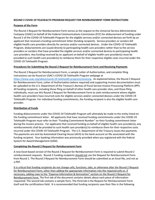 Round 2 COVID 19 Telehealth Program Request For Reimbursement Form Instructions screenshot