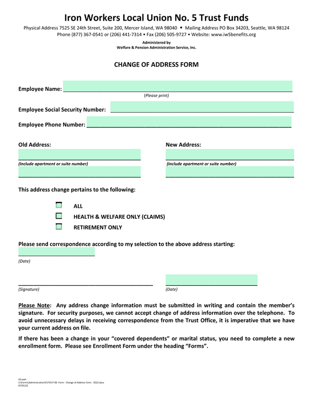 Change Of Address Form screenshot