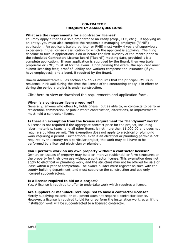 Contractor Frequently Asked Questions screenshot