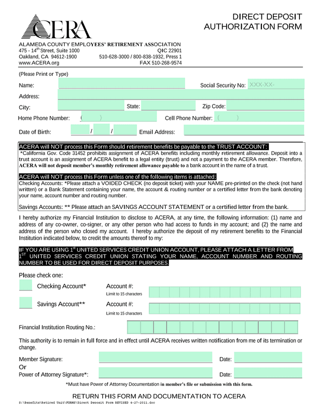 Direct Deposit Authorization Form screenshot