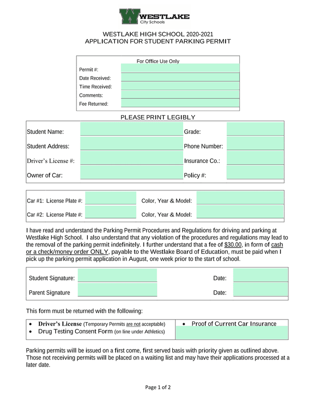 Westlake High School 2020 2021 Application For Student Parking Permit screenshot