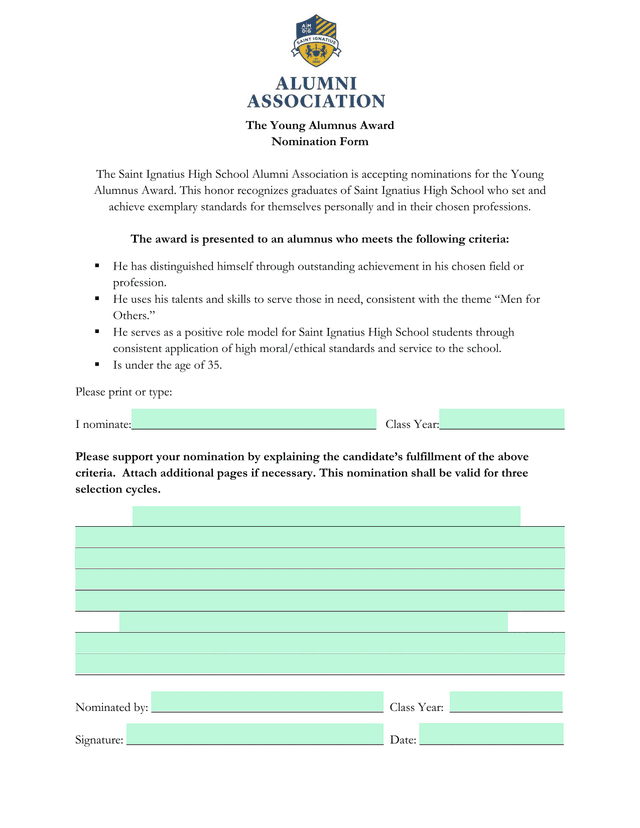 The Young Alumnus Award Nomination Form screenshot
