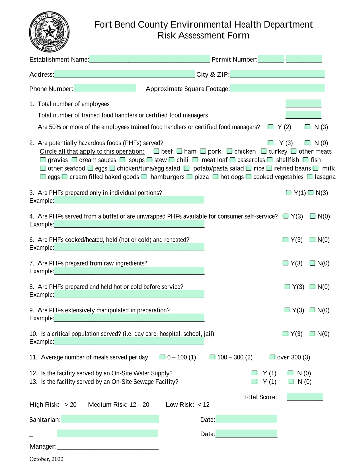 Fort Bend County Environmental Health Department Risk Assessment Form screenshot