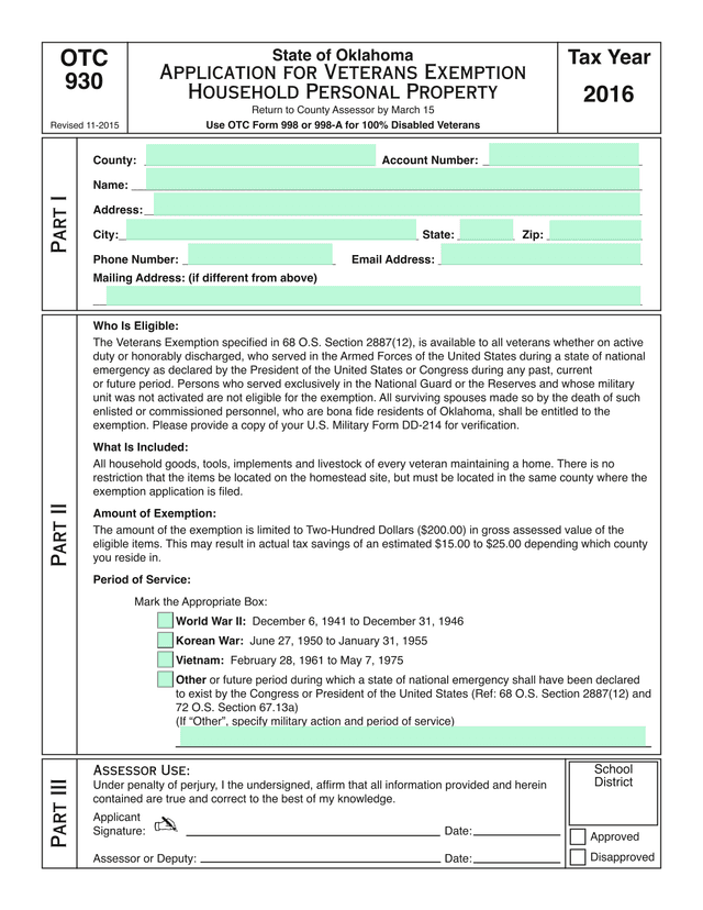 Application For Veterans Exemption screenshot