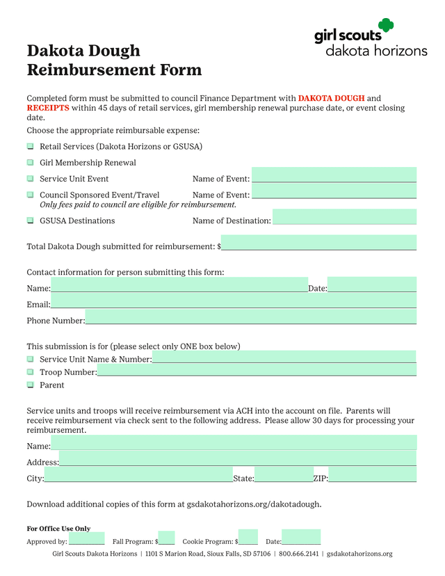 Dakota Dough Reimbursement Form screenshot