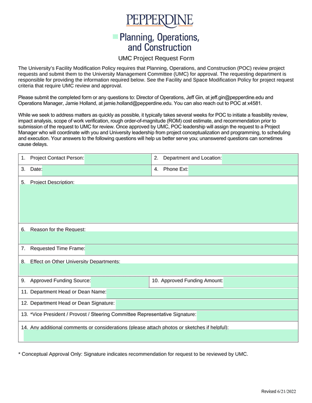 UMC Project Request Form screenshot