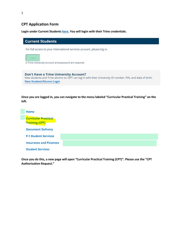 CPT Application Form screenshot