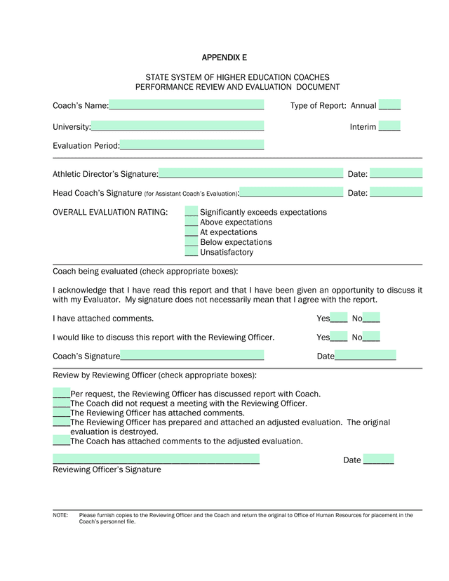 STATE SYSTEM OF HIGHER EDUCATION COACHES PERFORMANCE REVIEW AND EVALUATION DOCUMENT screenshot