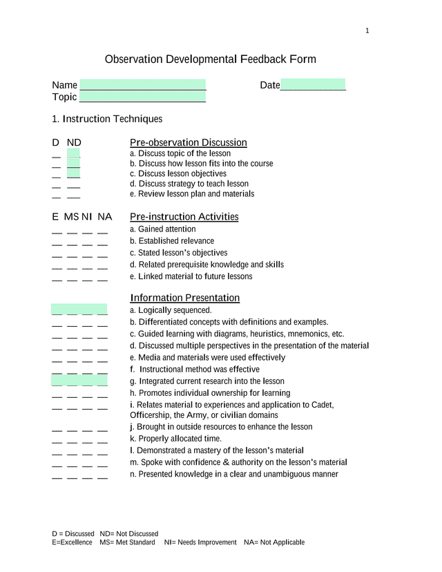 Observation Developmental Feedback Form screenshot