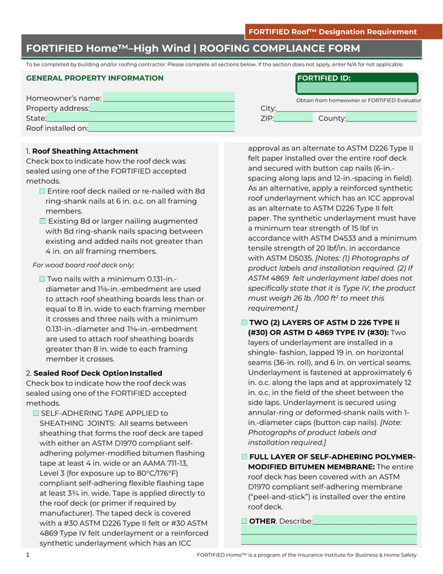 FORTIFIED Roof Designation Requirement FORTIFIED HomeHigh Wind  ROOFING COMPLIANCE FORM screenshot
