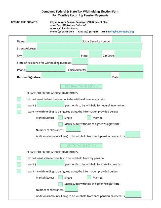 Combined Federal  State Tax Withholding Election Form For Monthly Recurring Pension Payments screenshot