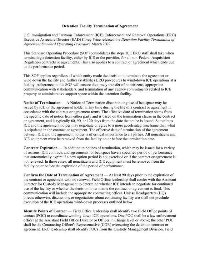 Detention Facility Termination Of Agreement Standard Operating Procedure screenshot
