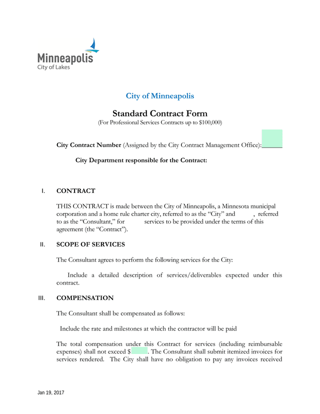 City Of Minneapolis Standard Contract Form (For Professional Services Contracts Up To 100,000) screenshot
