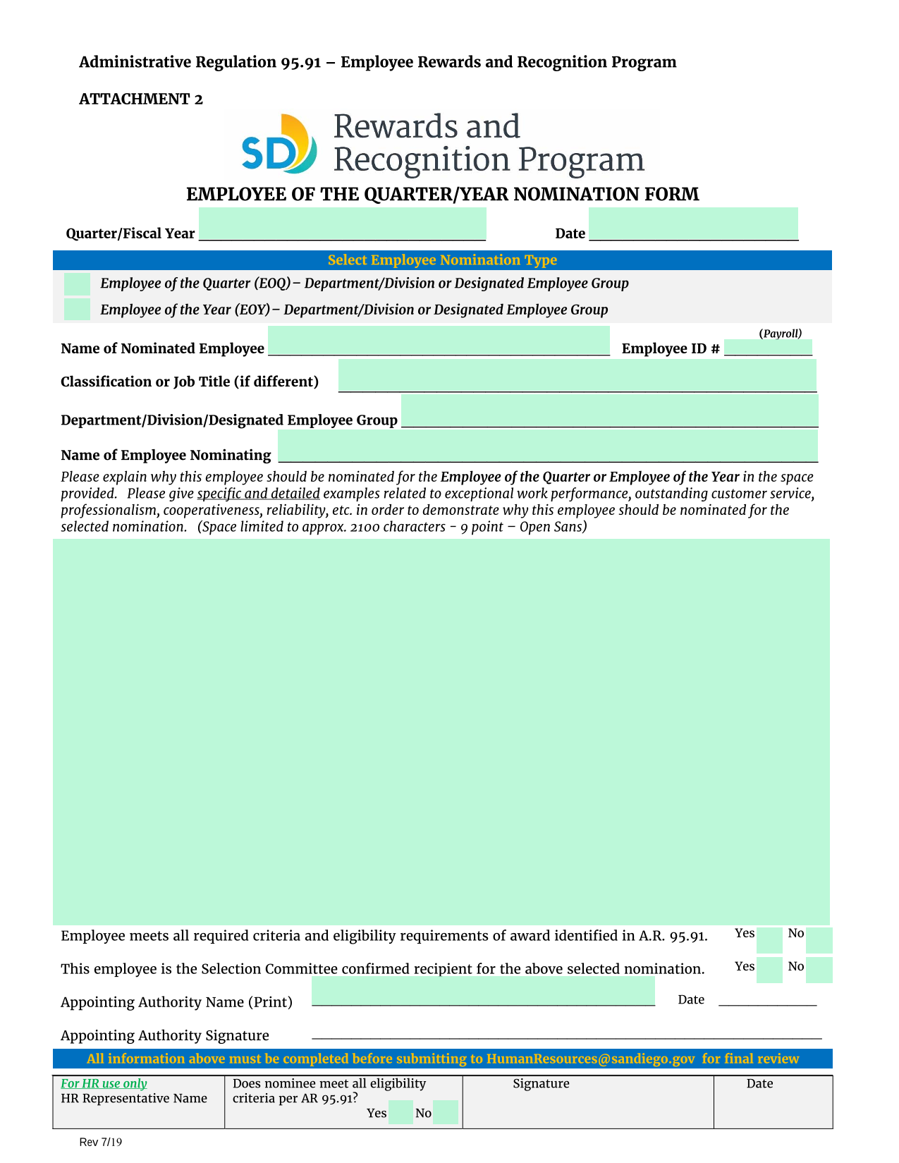 Administrative Regulation 95.91  Employee Rewards And Recognition Program ATTACHMENT 2 Employee Of T screenshot