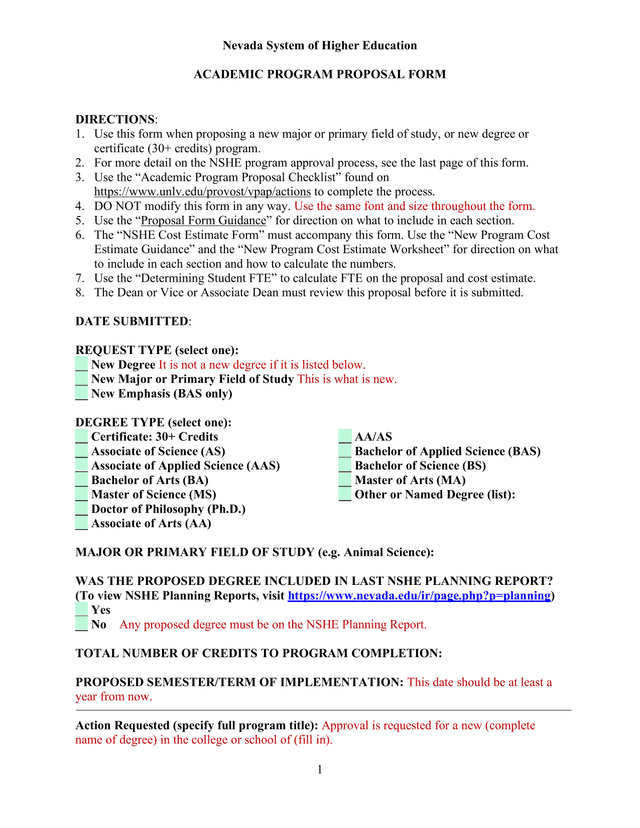 Nevada System Of Higher Education Academic Program Proposal Form screenshot
