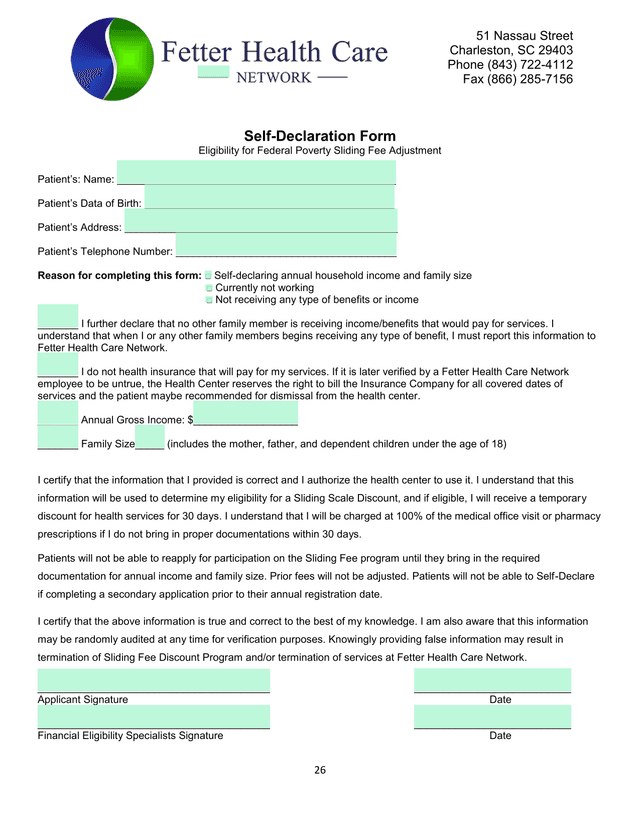 Self Declaration Form Eligibility For Federal Poverty Sliding Fee Adjustment screenshot