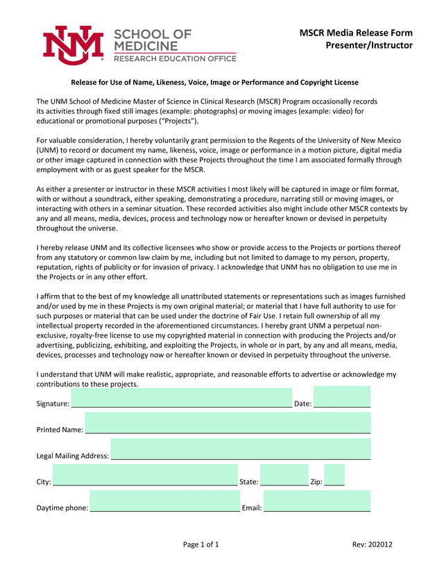 MSCR Media Release Form screenshot
