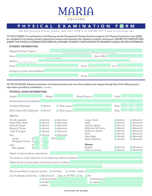 Student Physical Exam Information Form screenshot