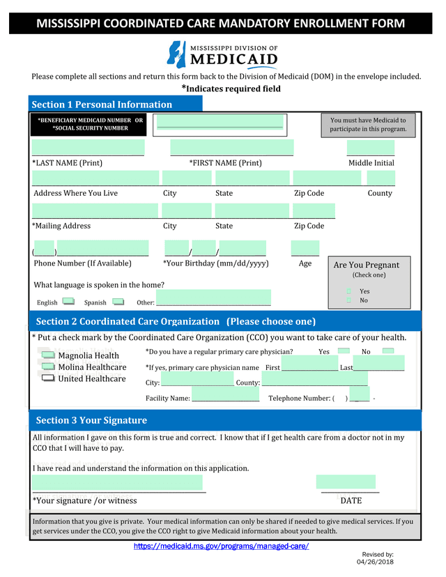 Mississippi Coordinated Care Mandatory Enrollment Form screenshot