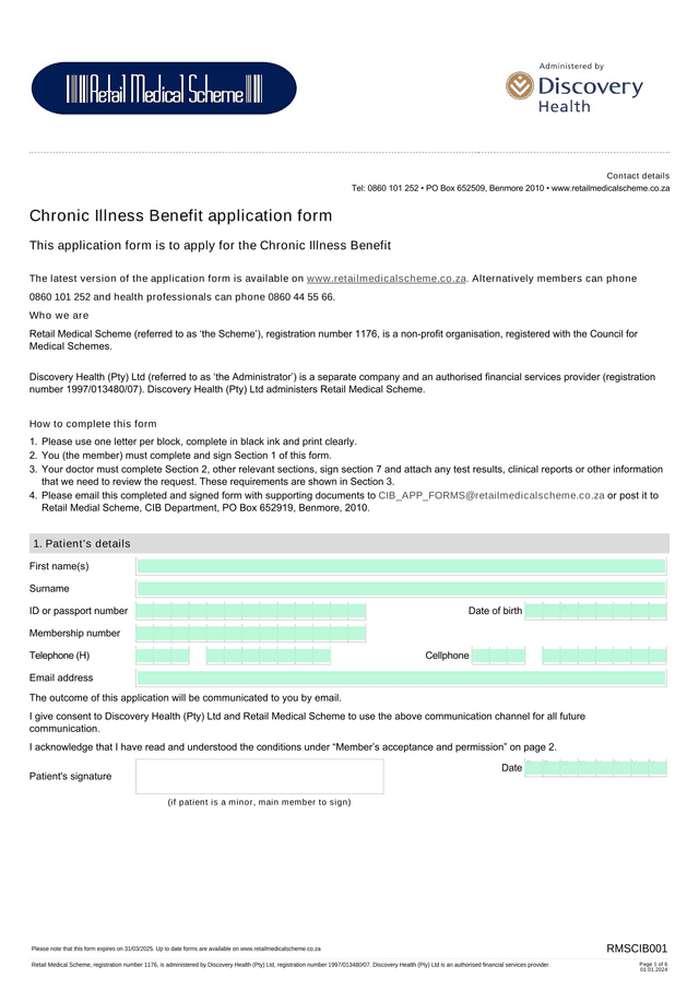 Chronic Illness Benefit Application Form screenshot
